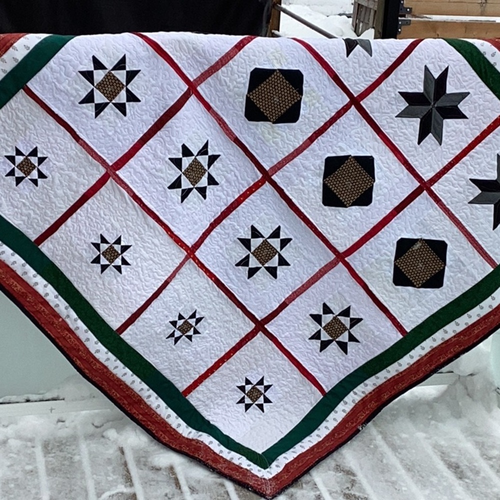 Handmade Throw Lap Quilt Green Red Black 59" x 56" Warm Cozy Bedding